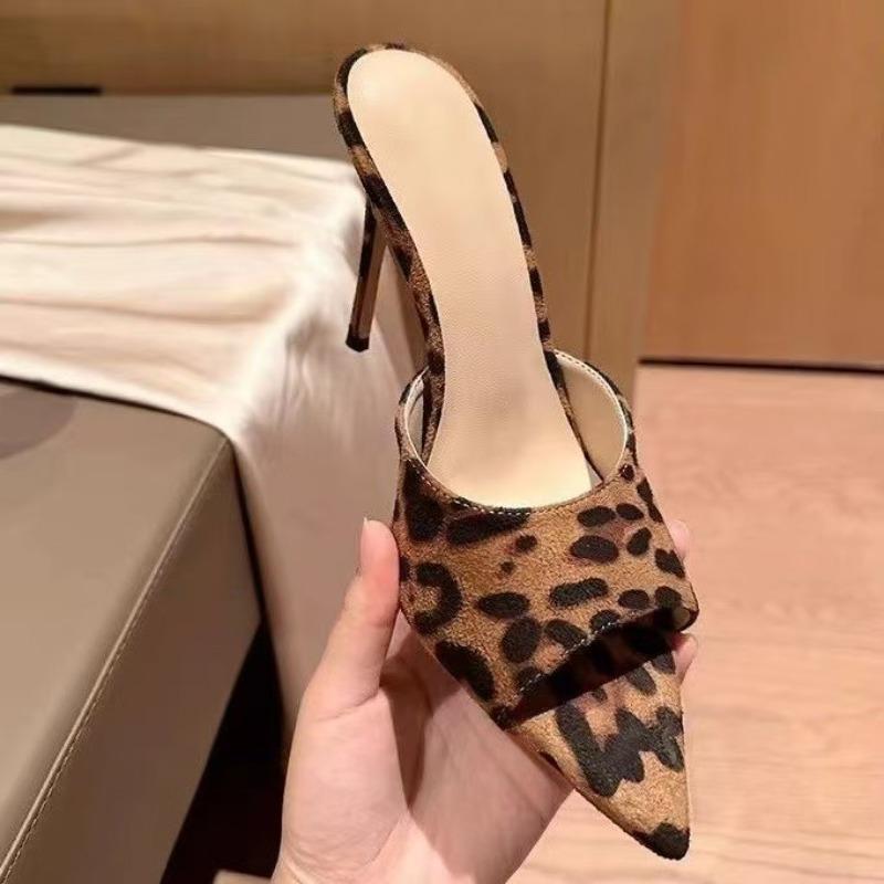 Fashion Women's Slippers Summer New High Heels Pointed Head Shallow Mouth Leopard Print Sandals Fashion Temperament Fine Heels Slippers