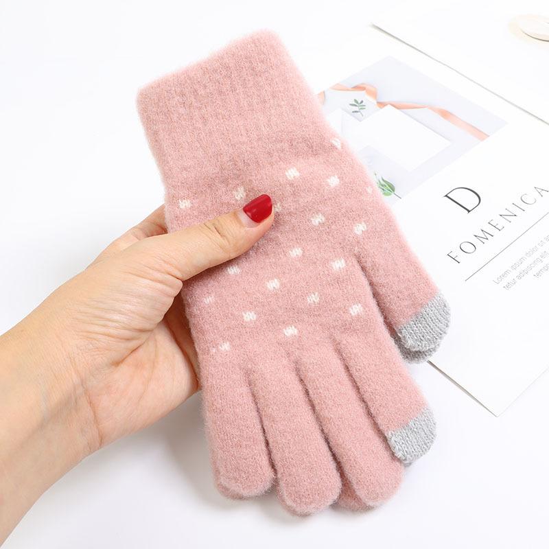 Cute Wool Gloves Knitted Korean Version of Diandian Warm and Plush Cycling Gloves Japanese Autumn and Winter Five-fingered Women