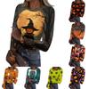 Women Casual Long Sleeve Ribbed Top Halloween Pumpkin Print Round Neck Slim Fit Stretchy Shirt