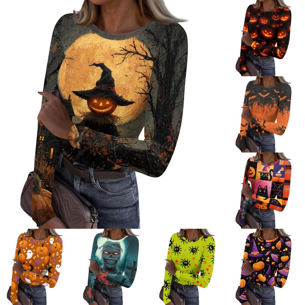 Women Casual Long Sleeve Ribbed Top Halloween Pumpkin Print Round Neck Slim Fit Stretchy Shirt