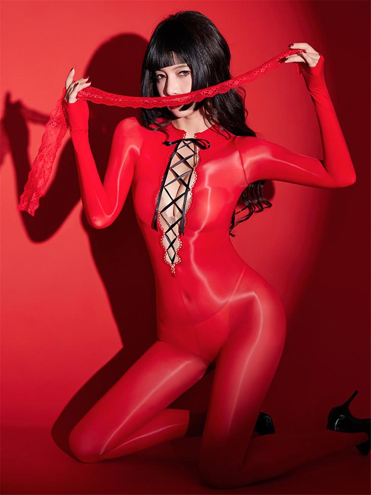 Sexy Women Cosplay Maid Tight Oil Glossy Elastic Bodysuit Stain Sheer See Through Silky Yoga Jumpsuit Bandage Hollow Out Leotard