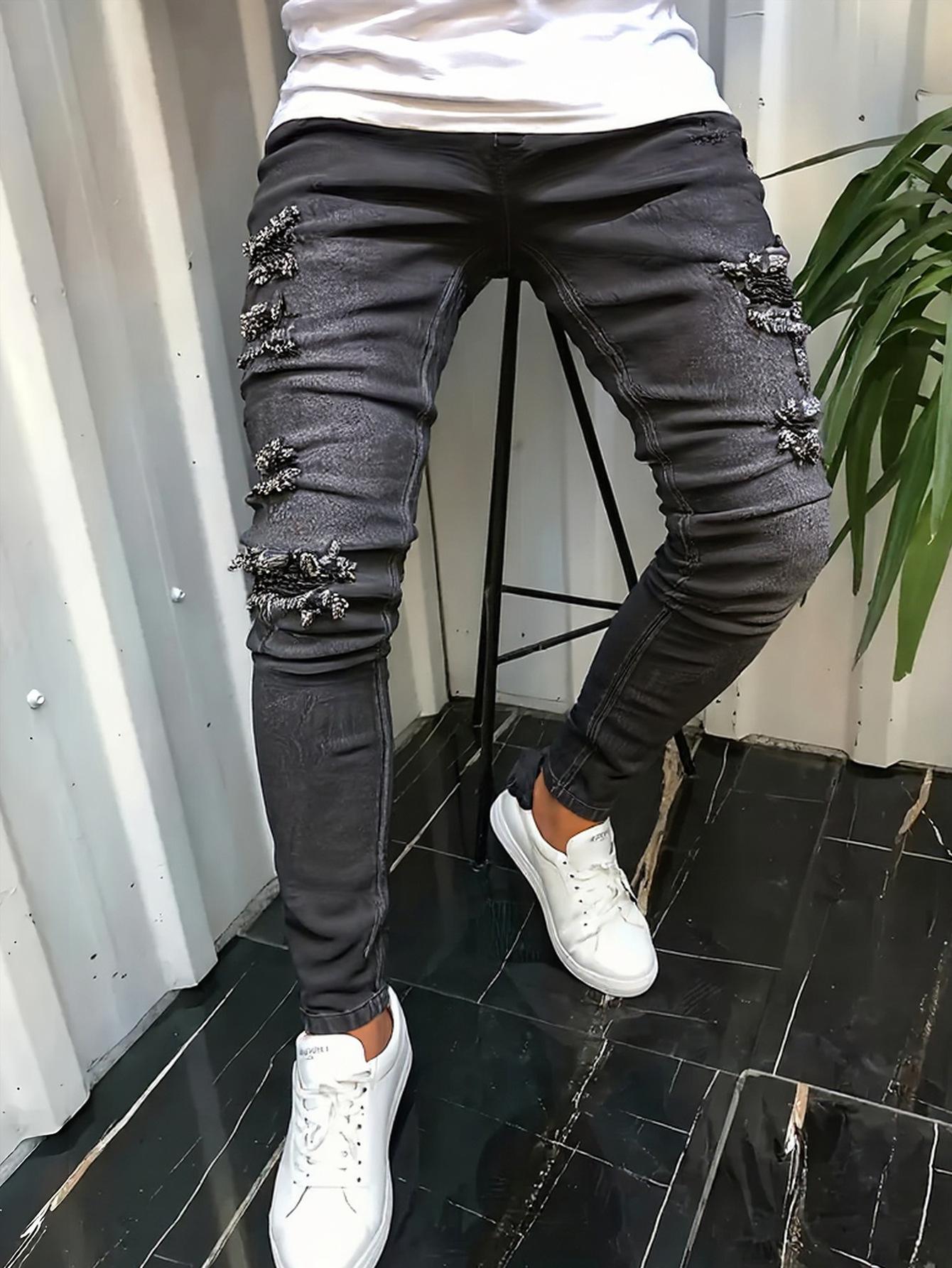 New Men S Denim Pants Street Fashion Ins Ripped Elastic Patch Denim Stacked Pants XS чёрный