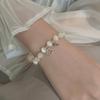 Cat's Eye Stone & Pearl Beaded Bracelet with Four-Leaf Clover & Petal Accents - Elastic Cord for Women