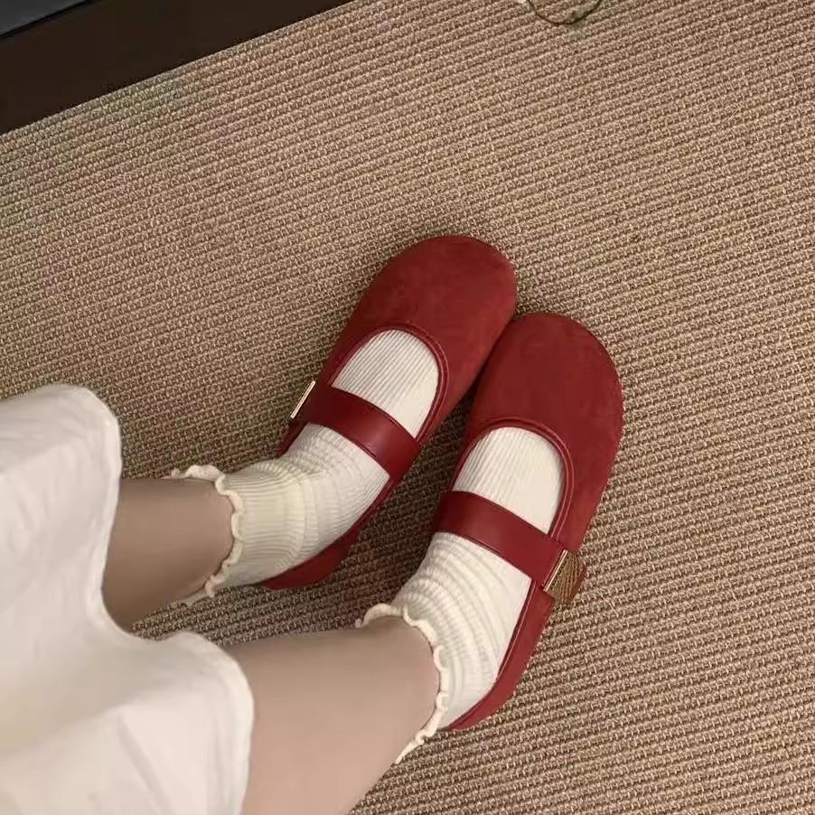 Suede Red Light Mouth Single Shoes Female Spring and Autumn New Retro Gentle Fairy Style Casual Soft Flat Mary Jane Shoes
