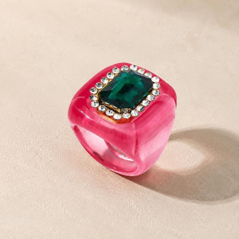 See-Through Resin Fashion Ring with Bold Square Profile, Raised Faceted Centerpiece and Accent Border for Outfit Styling