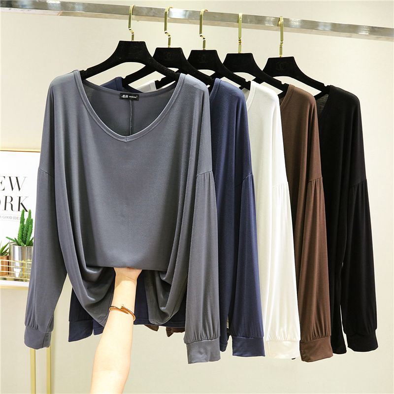 Slim Long Sleeve Bottom Shirt Solid Large Fit Versatile V-neck Top Spring and Summer