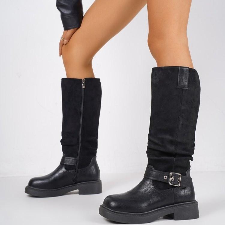 

Женские ботфорты на платформе, на среднем каблуке, кожаные туфли, тренд зимы 2025, готические туфли-лодочки для вечеринки, обувь челси на массивной подошве, модные боты для женщин 42 чёрный