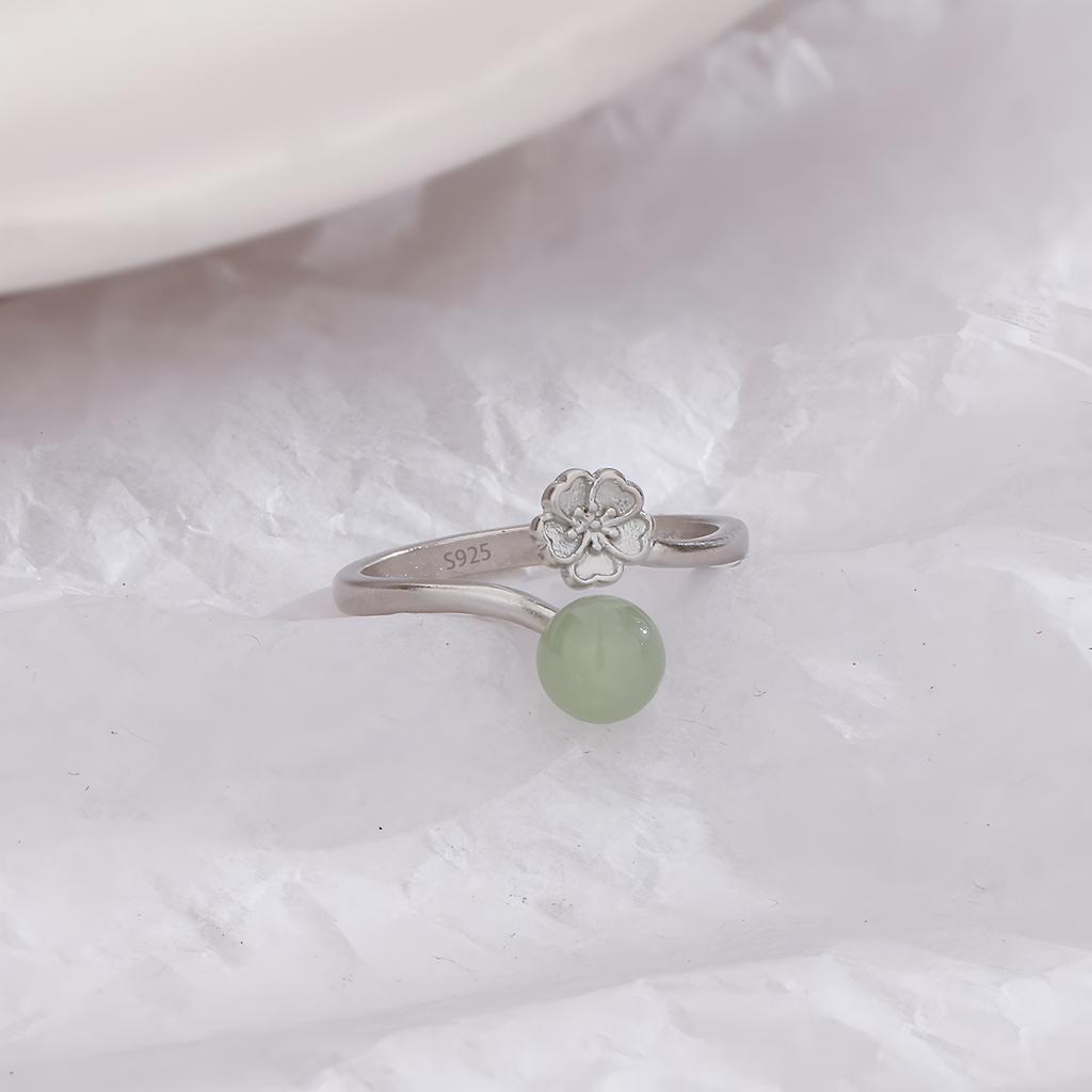 PANJBJ Anello Geometrico in Argento Sterling 925 con Giada di Hotan per Donna Ragazza Regolabile Gioielli Delicati Retrò Regalo di Compleanno Dropshipping