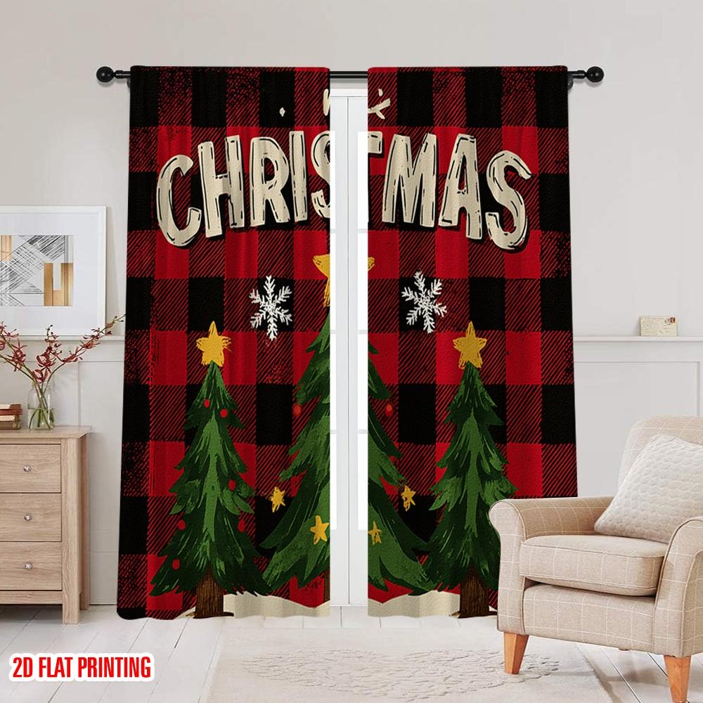 2pcs,2D Plane Printing Pattern Curtains Winter Christmas Tree1 Versatile 100% Polyester (without Rod) Outdoor Decorations