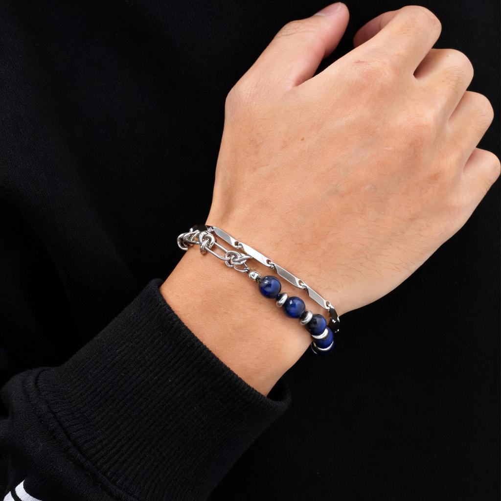 Vnox Men's Stainless Steel Double Layer Blue Tiger Eye Bracelet, Hip Hop Beads Adjustable Chain Wristband, Cool Fashion Jewelry