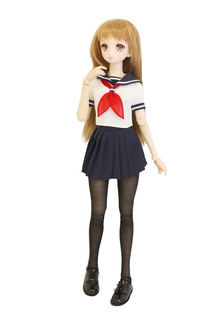 DD Compatible Cute High School Girl Sailor Uniform Short Sleeve White with Navy Skirt Summer Outfit Neat Pleated Skirt 60cm BJD Doll Clothes [Petite
