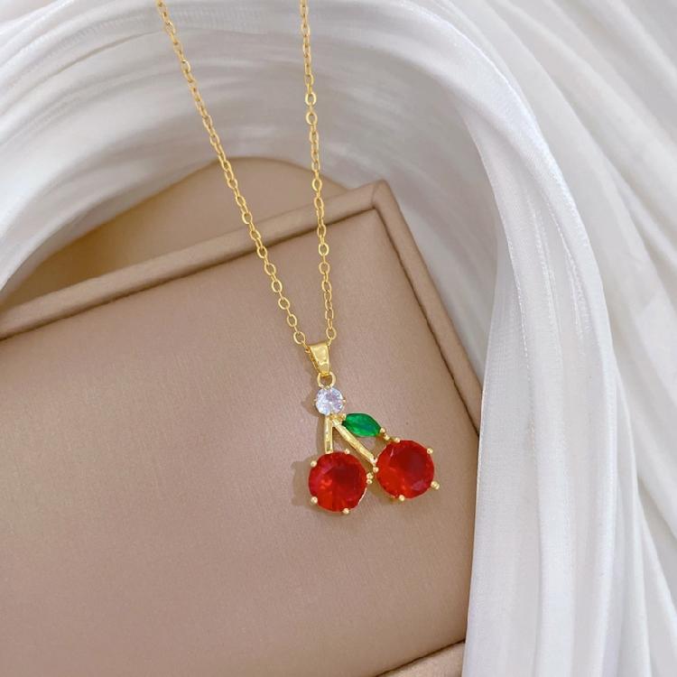 Vibrant Zircon Cherries Pendant Necklace Fashionable Cherries Designs Necklace Zircon Pendant Neckchain For Women