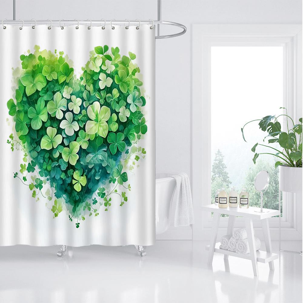 

Green Heart-Shaped Lucky Clover Shower Curtain - Waterproof Polyester, Artistic Four-Leaf Design, Grommets, Bath Decor W60H190(CM)-1 Pcs