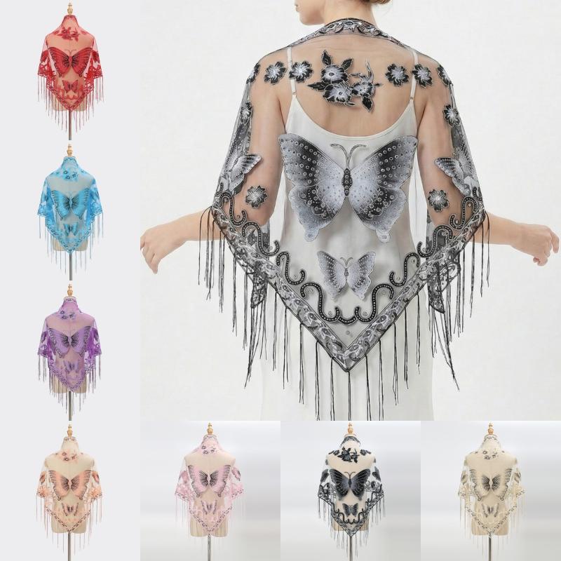 Luxury Flower Lace Hollow Scarf Butterfly Print Tassel Triangle Shawl Wraps Polyester Mesh Scarves Bridal