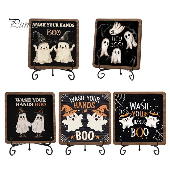 Autumn Festive Decor Halloween Wooden Table Sign, Cute Ghost Boo Plaque Sign with Rustic Fall Bathroom Metal Stand for Indoor Desk Shelf Home