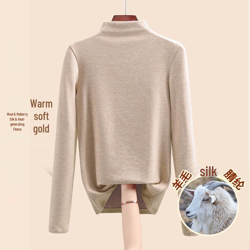 Women's Mulberry Silk Wool Fleece-Lined Warm Base Layer, Mid-High Neck, Autumn/Winter 2025 Collection