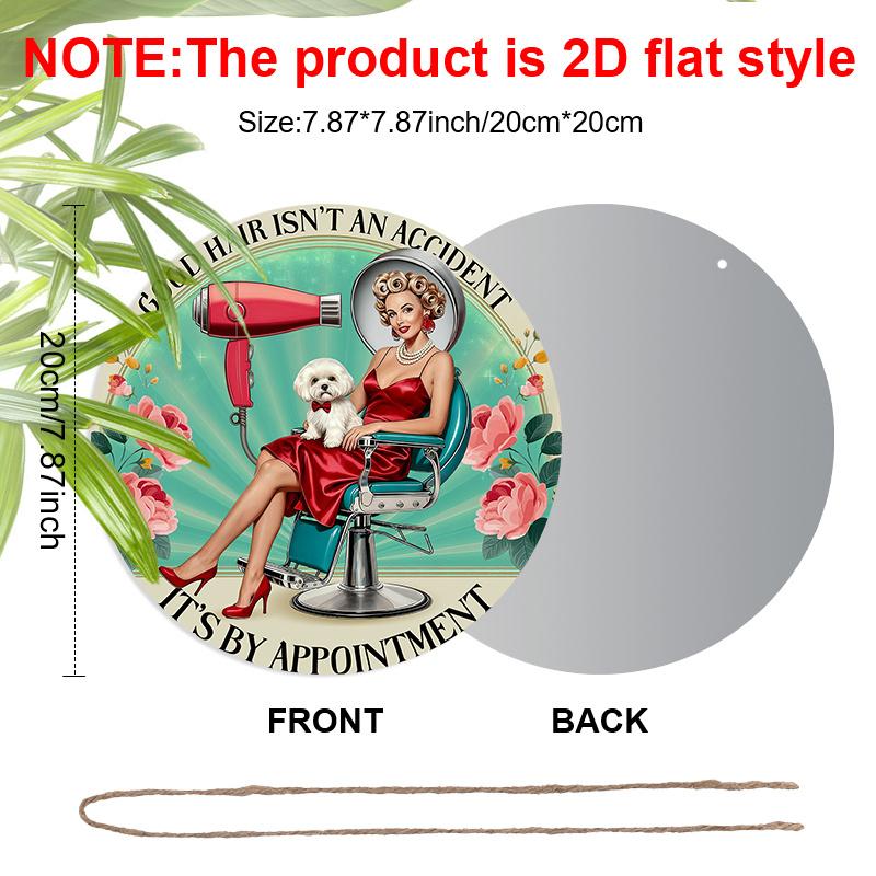 2D Flat Aluminum Vintage Metal Wreath Round Sign Hairdresser Poster, Hair Salon Decor, Hair Salon Suitable for Home and Kitchen Bar Cafe Garage Wall