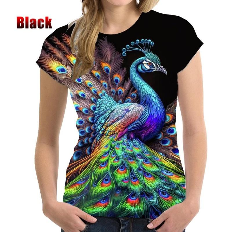 Peacock Pattern T-Shirt For Women Colorful Animal 3D Printed T Shirts Summer Casual Loose Tees Short Sleeves Round Neck Tops