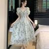 Abito midi da donna a trapezio con scollo quadrato, maniche a sbuffo e stampa floreale, casual, vita alta, estivo