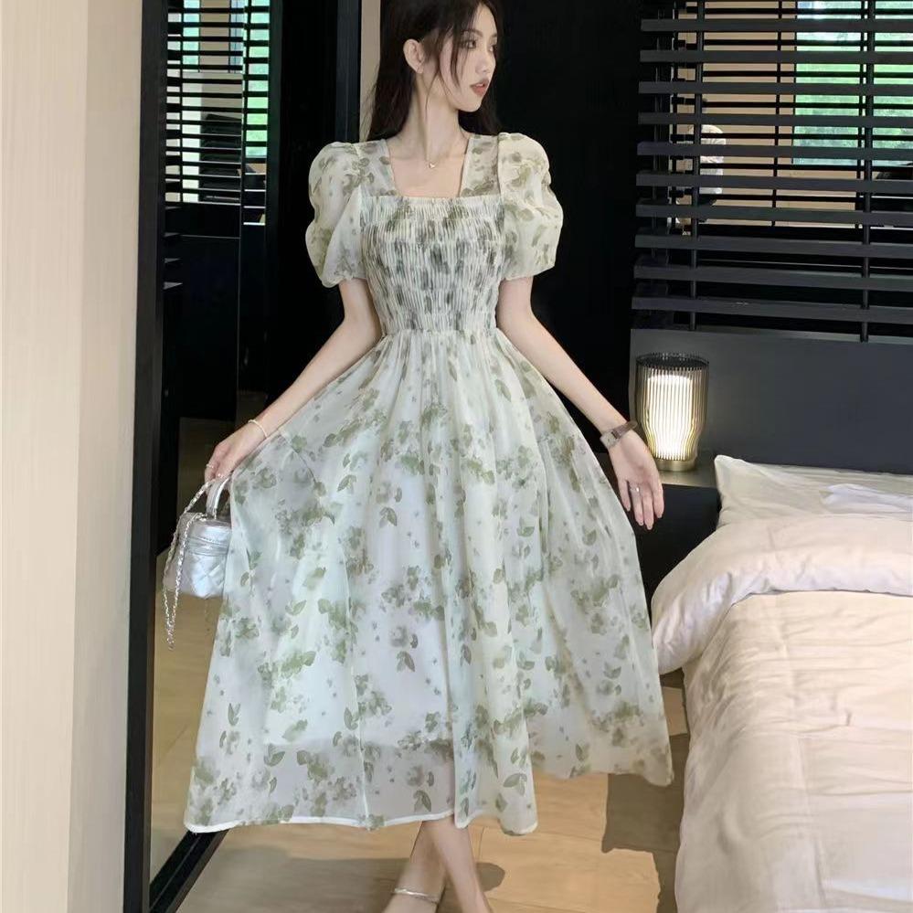Abito midi da donna a trapezio con scollo quadrato, maniche a sbuffo e stampa floreale, casual, vita alta, estivo