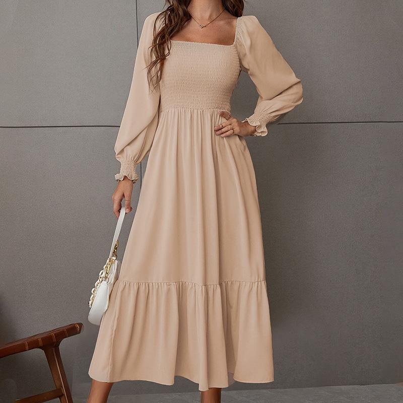 

Pullover high waist tight commuter lotus leaf sleeve dress long sleeve women s clothing solid color fashionable and comfortable square neck long dress S абрикосовый