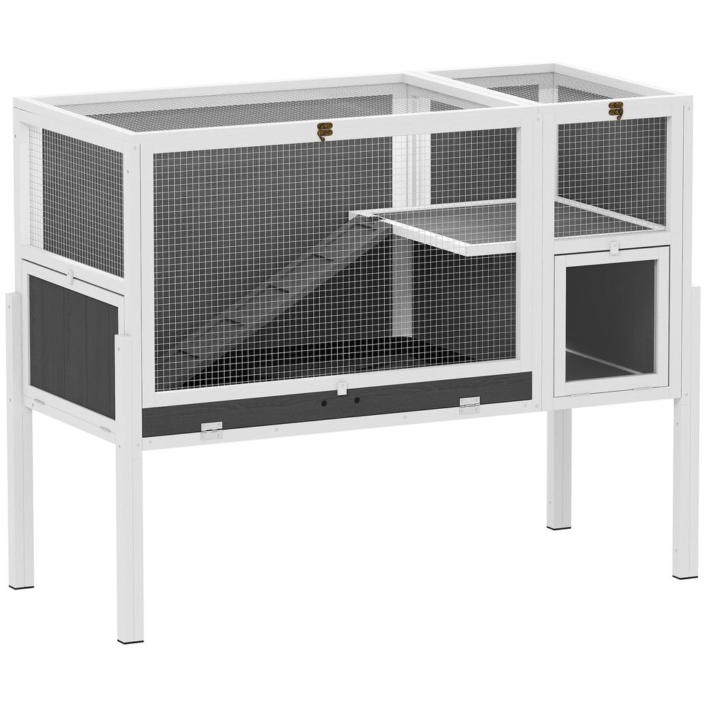 Small Animal Hutch for Dwarf Hamsters, Rabbits, Guinea Pigs, with Accessories, Elevated Design, Wood, Metal, Grey