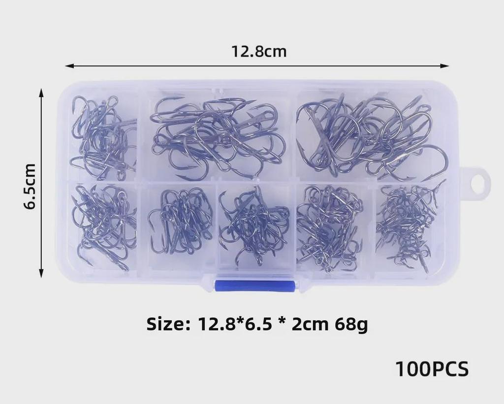 100 Angelhaken mit Widerhaken aus Kohlenstoffstahl: Dreiarmige Anker in einer Box