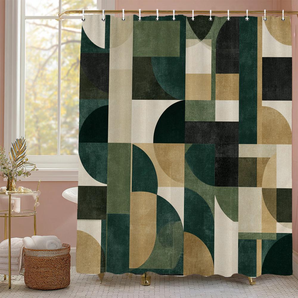 Modern Geometric Half Circle Graphic Shower Curtain, Bathroom Decorative Shower Curtain, Waterproof Shower Curtain With Hooks