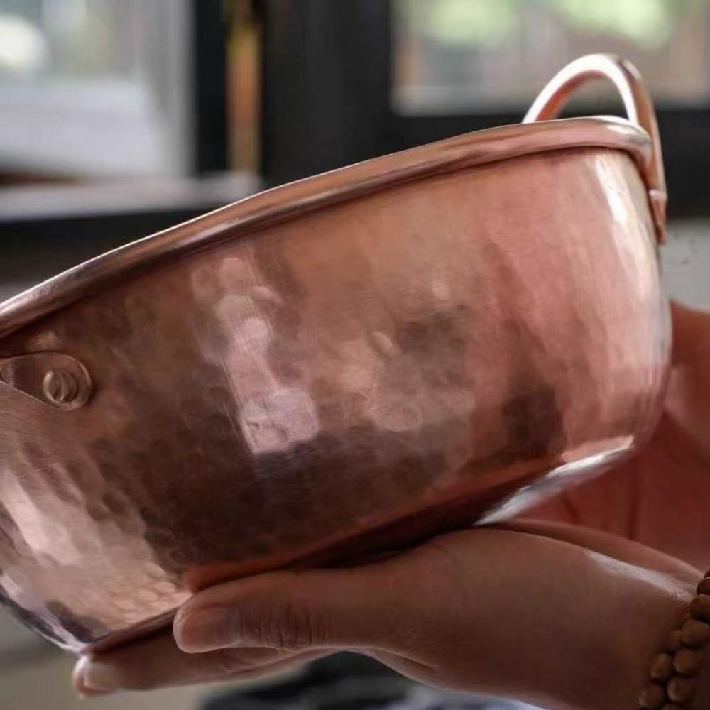 Stary Miedziany Garnek, Garnek na Jedzenie Kempingowy Naczynie do Gotowania Duszenia i Gotowania Makaronu Ręcznie robiony Młotkowana Tekstura 20 cm Garnek Ręczny