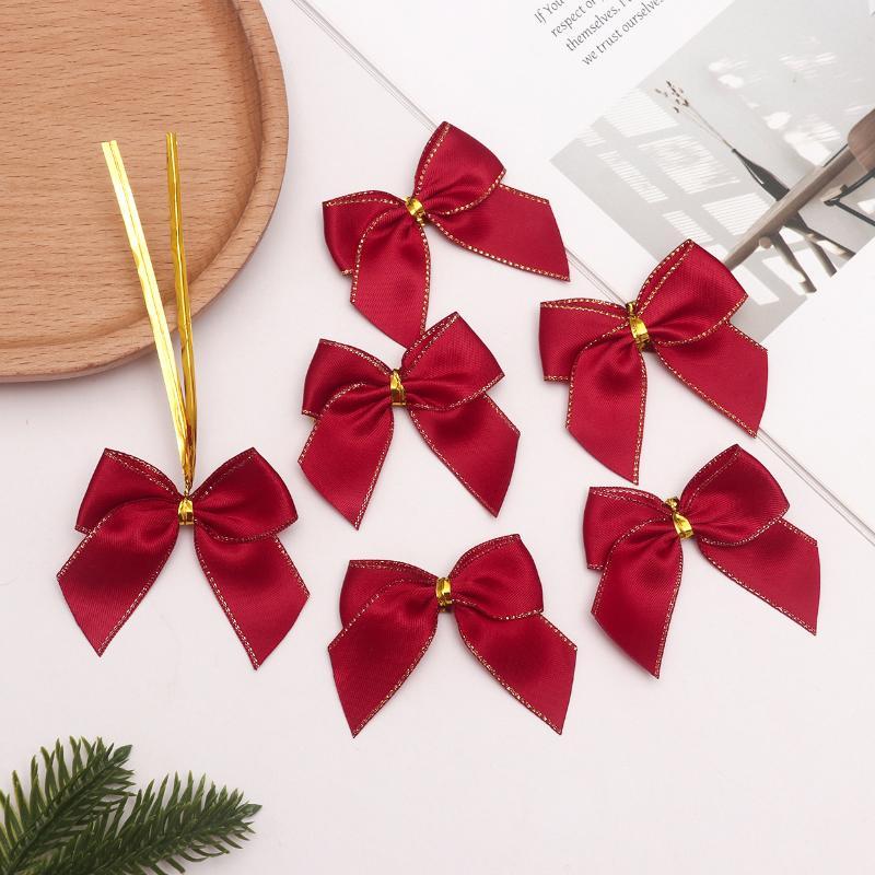 Mini Bow Red Gold Ornament Xmas Bowknots For Christmas Tree Gift Wrapping Wreath Wine Bottle Party Decoration Accessories