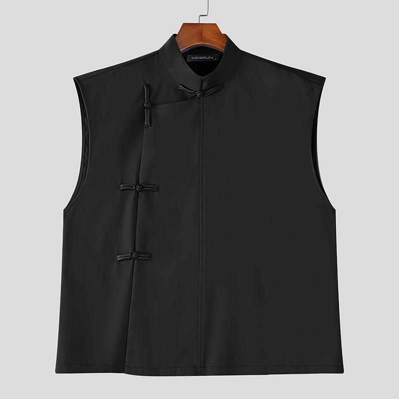 INCERUN Men Stand Collar Sleeveless Casual Loose Vintage Tank Tops 3XL чёрный