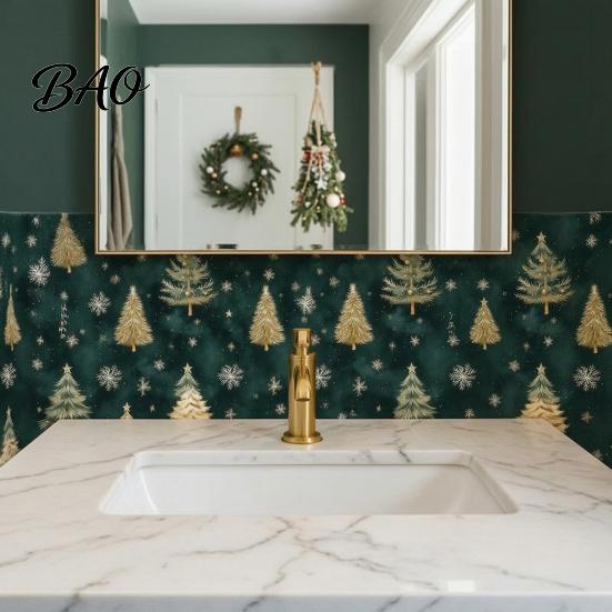 Decorative Contact Paper for Cabinets Christmas Tree Wall Sticker, 150/300cm Gold Green Peel And Stick Wallpaper, Moisture Proof Bathroom Wallpaper