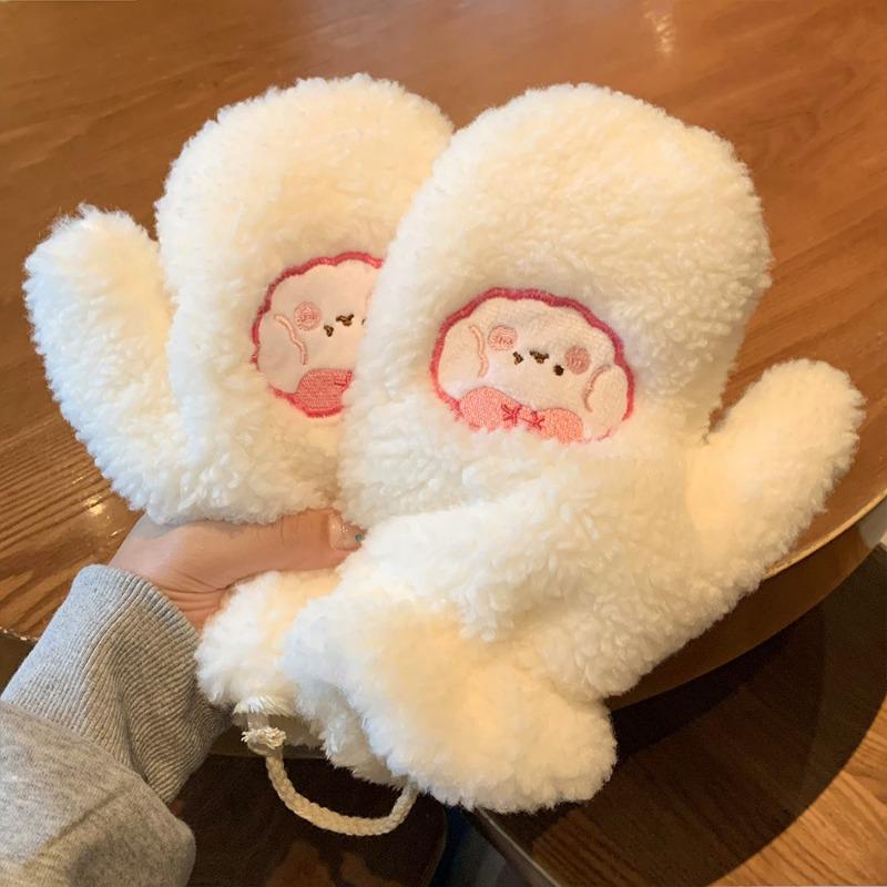 Winter Cute Plush Gloves Female Student Plush Thickened Versatile Finger Furry Neck Riding Windproof and Cold