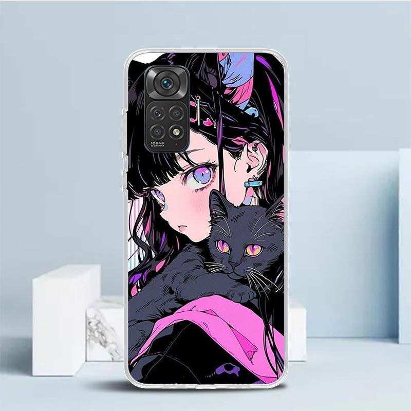 Anime Girls Cute Black Cat Phone Case For Xiaomi Redmi Note 15 14 14S 13 12S 12 Pro Plus 11S 11 11T 11E 10S 10 + Soft TPU Back C