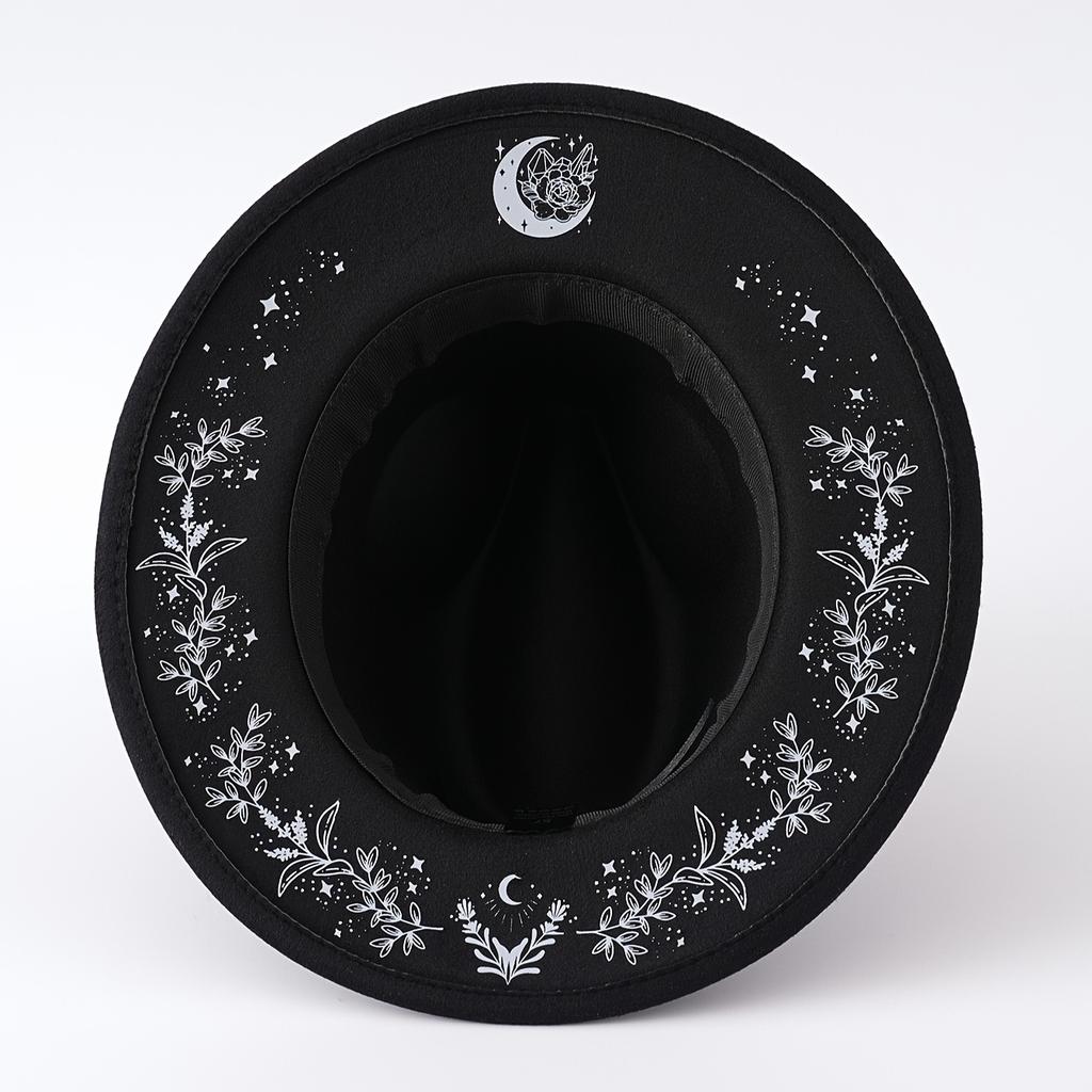 Ladies' Retro Western Cowboy Hat, Wide Brimmed Black and White Flower Star and Moon Pattern, Elegant Rural Style Headwear, Holiday Decoration