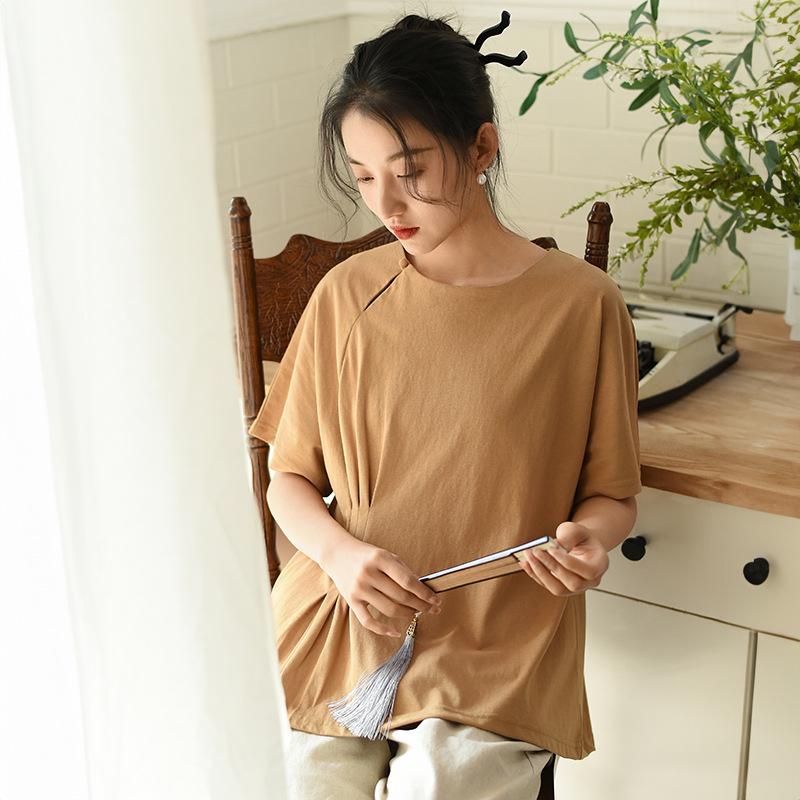 

Johnature женские повседневные мягкие хлопковые футболки с круглым вырезом и короткими рукавами однотонные футболки летние свободные женские футболки в складку M жёлтый