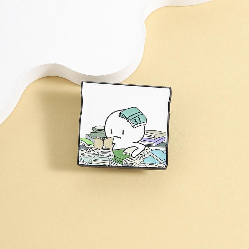 Cartoon Overwhelmed Book Lover Enamel Pin Exaggerated Figure Buried In Books Lapel Brooch Humorous Gift For Teens