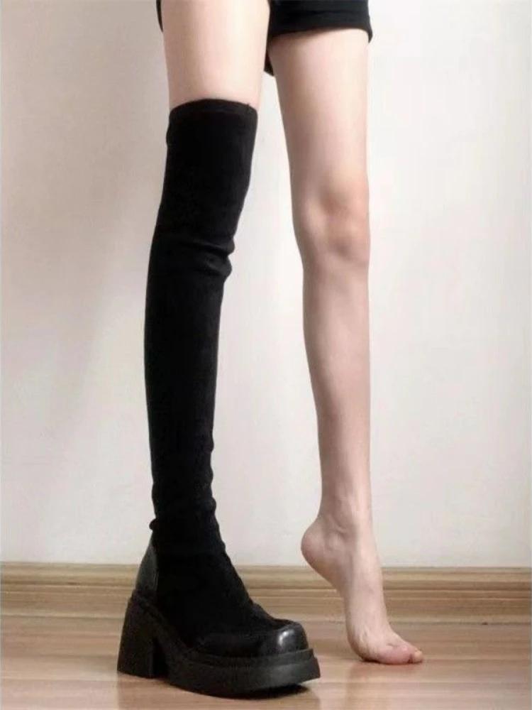 Fashion Elastic Black Round Toe Thigh High Boots for Women Spring Autumn Hot Work Gyaru Quality On Offer Above Over The Knee Shoes Woman