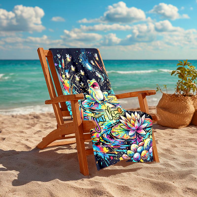1PC Custom Name Frog Lotus Pond Beach Towel Highly Absorbent And Sand-Resistant Towel for Swimming, Pool, Yoga, And Travel Lightweight