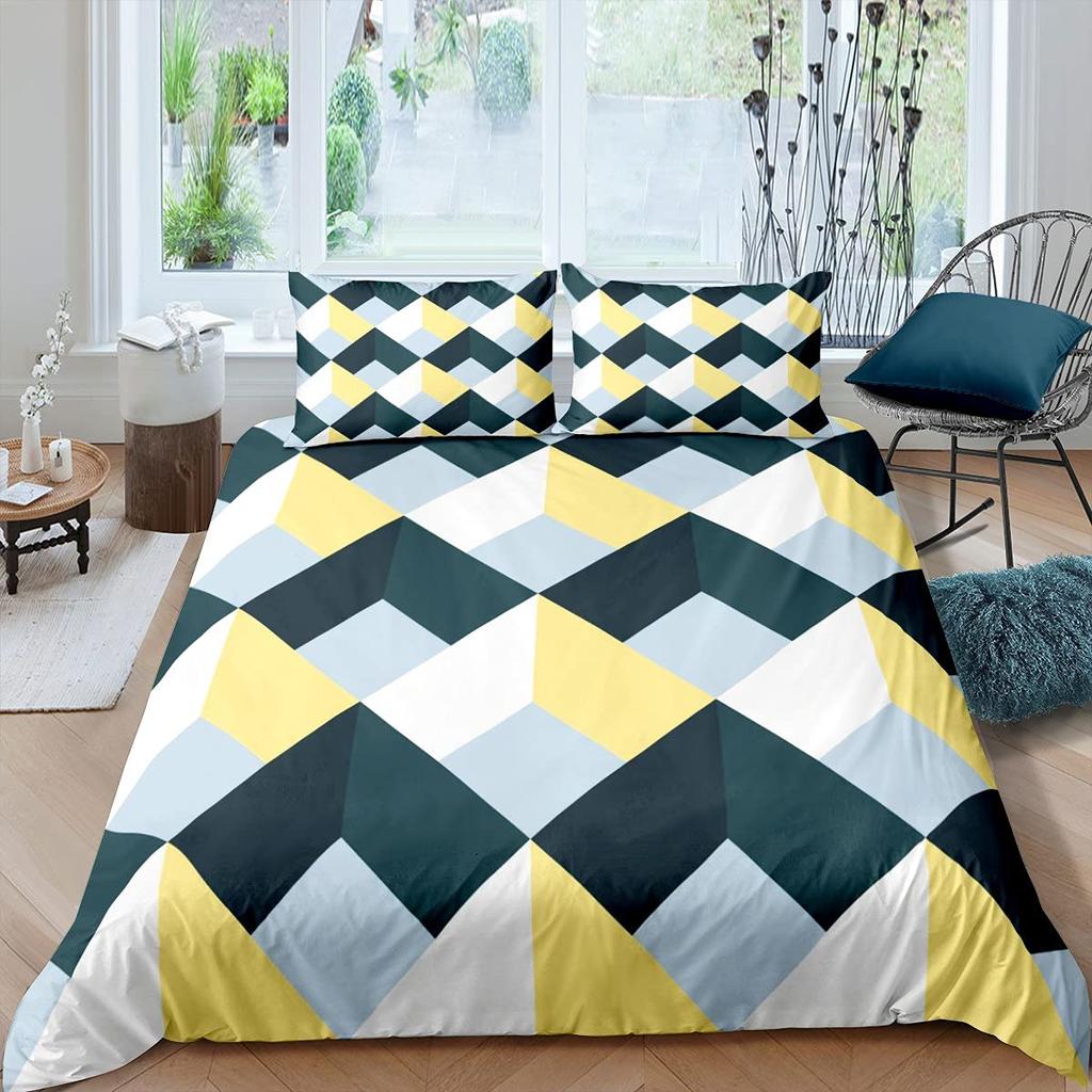 Geometric Duvet Cover Set Queen Size Hexagonal Honeycomb Bedding Set 3D Kids Boys Girls 2/3pcs Comforter Cover Set Pillow Case