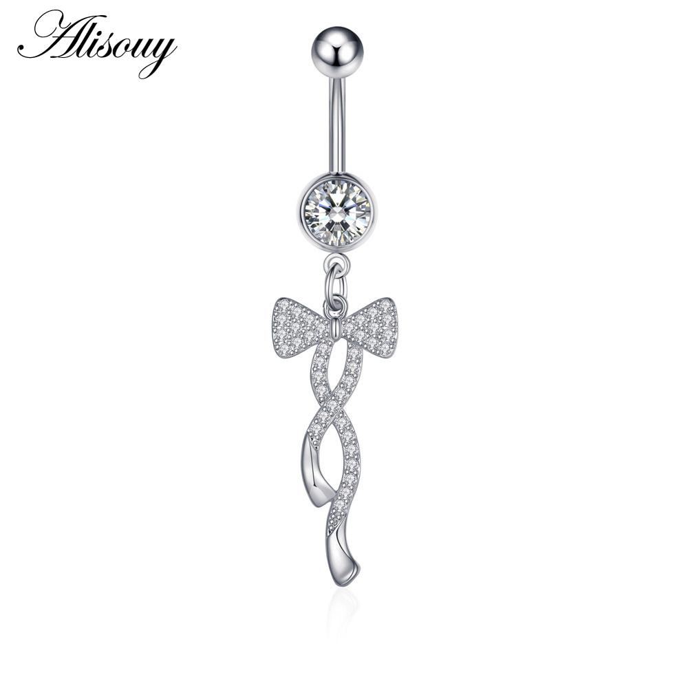 Alisouy 1pc Zircon Sexy Long Belly Ring Star Sun Moon Heart Navel Piercing Surgical Steel Women Belly Button Ring Navel Jewelry