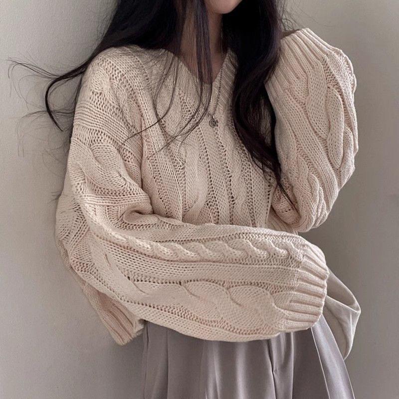 Autumn Winter Vintage Twist Cropped Sweater Pullover Women Loose V-Neck Knitted Jumper Lazy Style Classic Long Sleeve Knitwear