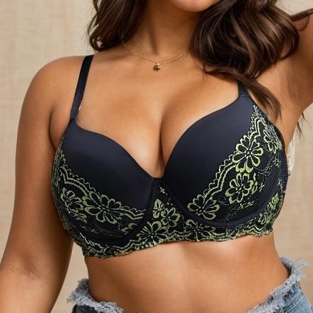 Plus Size Underwire Push Up Bra Lace Trim Full Coverage Bra 90D чёрный