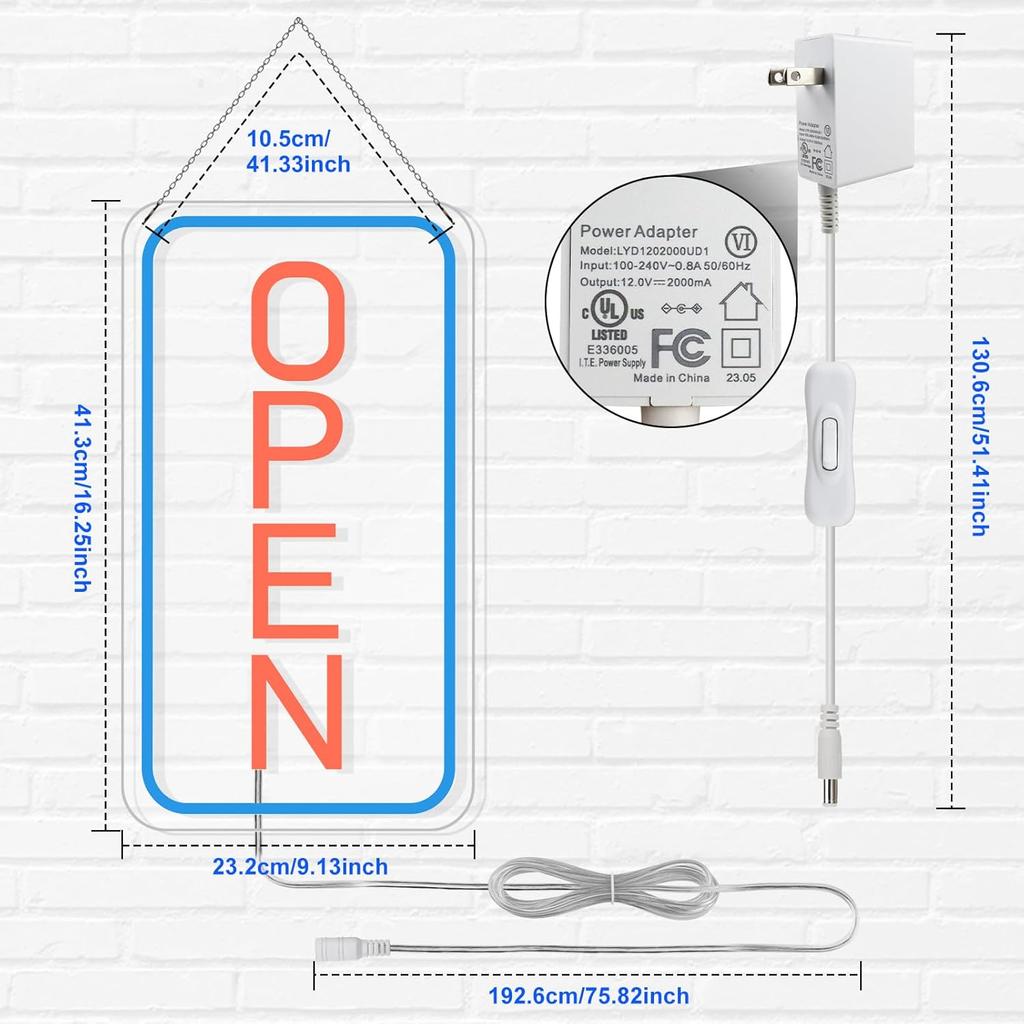 Ultra Bright LED Open Signs for Business, 16’’x 9’’ Neon Open Sign, Vertical Light up Sign with ON/OFF Switch adapter for Window Bars Cafes