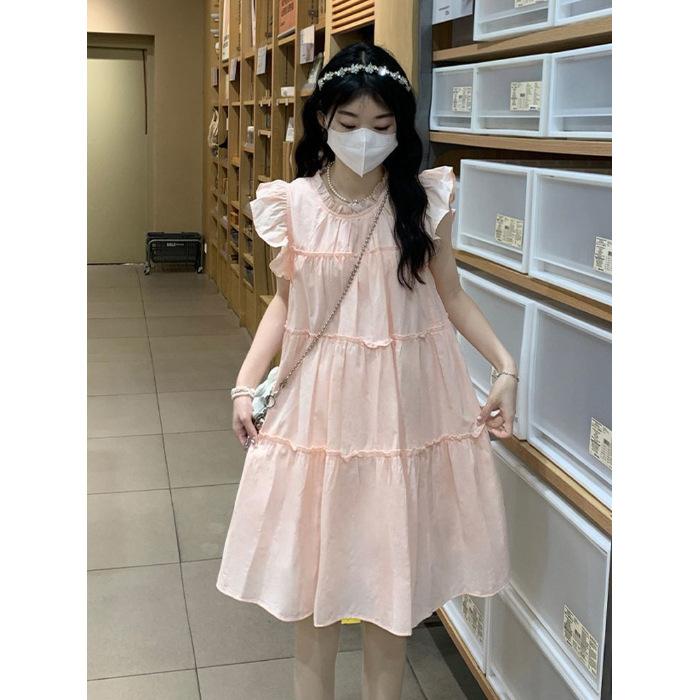 French Pink Flying Sleeve Dress Women's Summer Small Man Lotus Leaf Edge Loose Belly Cover Age Reduction Doll Short Skirt