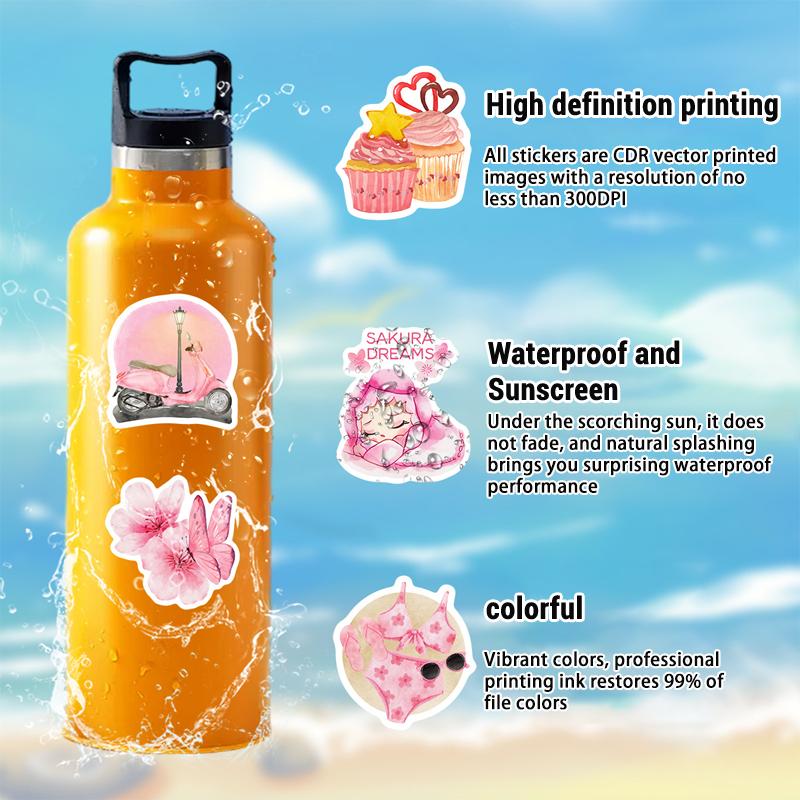 50PCS Pink Aesthetic Stickers for Girl Cute Pink Vinyl Waterproof Decals Decor for Scrapbook Mobile Phone Computer Skateboard
