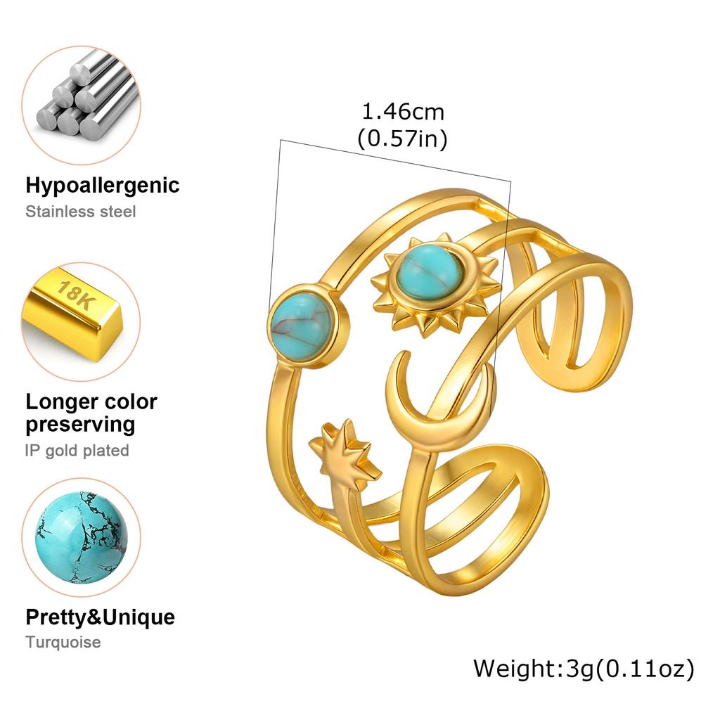 Stainless Steel Star Moon Ring for Women, Waterproof Layered Stackable Open Finger Ring, Boho Celestial Zircon Adjustable