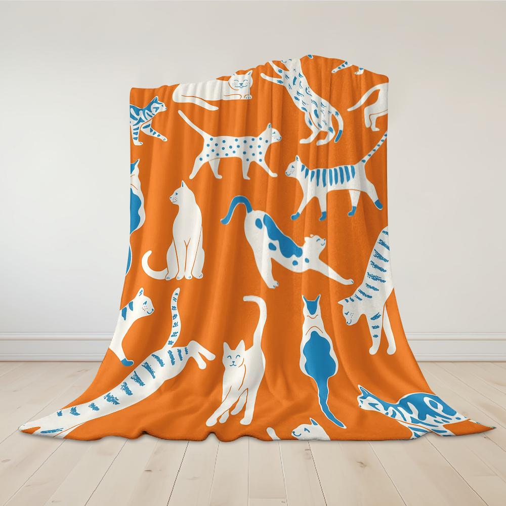 Orange White Cat Flannel Blanket Warm Soft Halloween Christmas Couch Warm Cozy Decorative Decor Gift for All Season