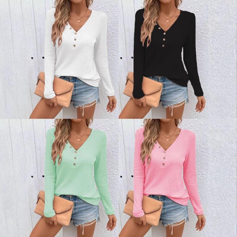 New Women's V-neck Button Solid-color Long-sleeved T-shirt for Autumn and Winter
