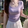 Summer U-neck Short Front Shoulder Short-sleeved T-shirt Women's Multi-color Thin Showing Collarbone Niche Versatile Solid Color Top Fashion